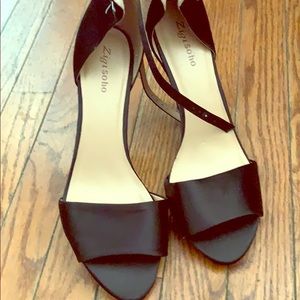 Black satin open toe shoes